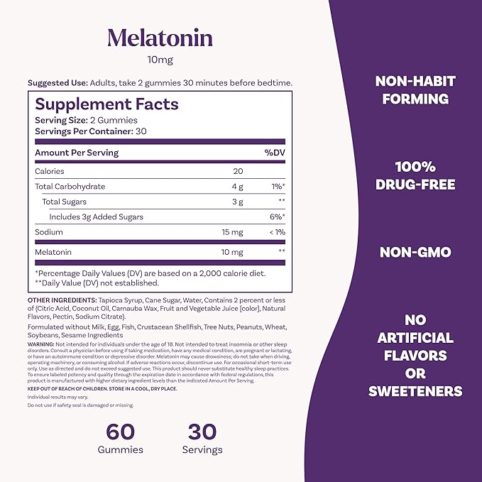 Natrol 10mg Melatonin Gummies, Sleep Support for Adults, Melatonin Supplements for Sleeping, 60 Strawberry-Flavored Gummies, 30 Day Supply
