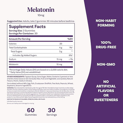 Natrol 10mg Melatonin Gummies, Sleep Support for Adults, Melatonin Supplements for Sleeping, 60 Strawberry-Flavored Gummies, 30 Day Supply