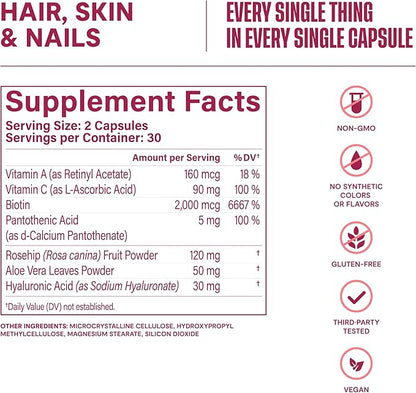 Habit Hair, Skin & Nails Supplement 2 Pack (120 Capsules) - New Look, Supports Skin Hydration, Hair & Nail Strength, Biotin 2000mcg, Vitamin A & C, Hyaluronic Acid, Rosehip, Vegan, Non-GMO