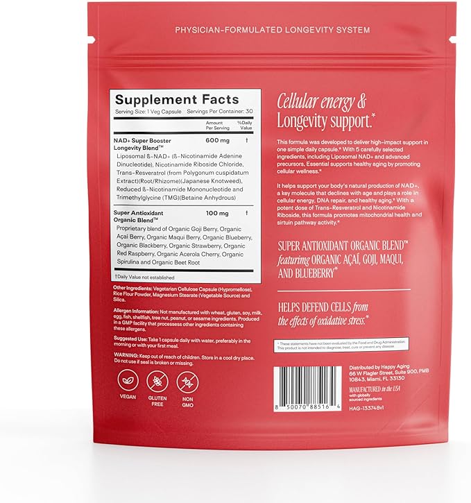 Happy Aging Essential Longevity Formula, NAD+ Super Booster with NR, NMNH & Liposomal β-NAD+, Organic Antioxidant Superfruit Blend for Cellular Energy, Skin Hydration & Daily Vitality, 30 Capsules