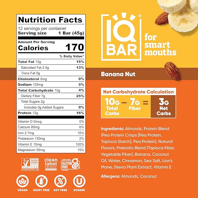 IQBAR Clean Plant Protein Bars - Banana Nut - 36 Count - Keto, Vegan, High Fiber, Gluten and Dairy Free, Low Sugar Snack - Brain and Body Nutrients for Focus, Energy, Meal Replacement