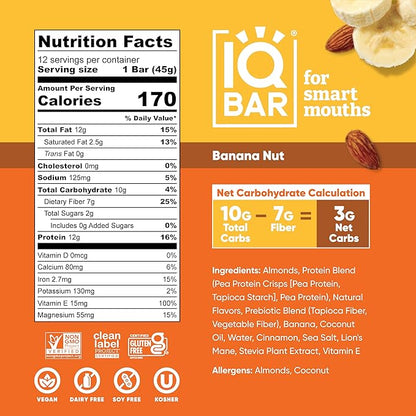 IQBAR Clean Plant Protein Bars - Banana Nut - 24 Count - Keto, Vegan, High Fiber, Gluten and Dairy Free, Low Sugar Snack - Brain and Body Nutrients for Focus, Energy, Meal Replacement