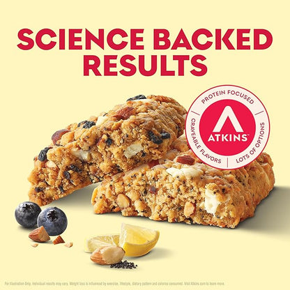 Atkins Soft Baked High Protein Bars, Lemon Poppyseed & Blueberry Flavors, 15g Protein, 4g Net Carbs, 2g Sugar, Keto Snacks, Low Sugar Protein Bars, High Fiber Snacks, 12 pk (6 bars each flavor)