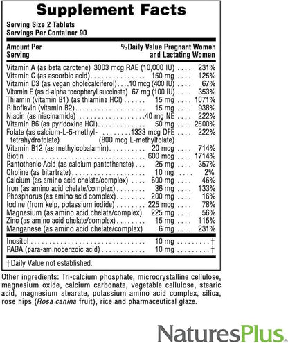 NaturesPlus Ultra Prenatal Multivitamin - 800 mcg Folate, 180 Vegetarian Tablets - Prenatal Supplement with Iron, Iodine, Calcium & B-Complex Vitamins - Gluten-Free - 90 Servings