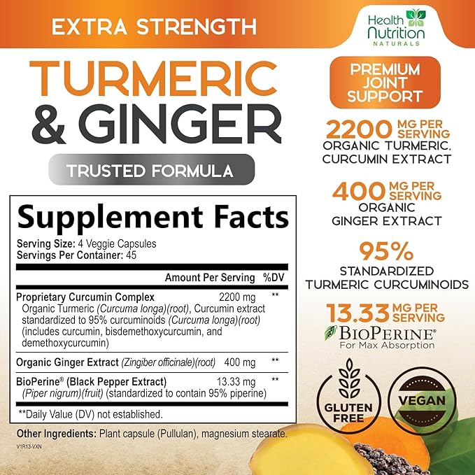 Turmeric Curcumin Supplement - 2200mg Curcumin Complex & 400mg Organic Ginger per Serving - 95% Curcuminoids & BioPerine Black Pepper for Best Absorption & Joint Support, Bottled in USA - 180 Capsules