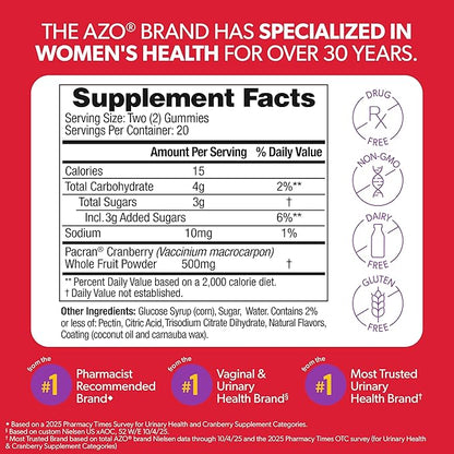 AZO Cranberry Urinary Tract Health Gummies Dietary Supplement 2 Gummies = Glass Cranberry Juice Helps Cleanse Protect Natural Berrylicious Flavor Gummies, Non-GMO, 40 Count