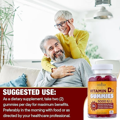 NEW AGE Vitamin D3 5000 IU 125mcg Gummies - Immune Supplement - Non-GMO, Gluten-Free, Dairy-Free, No Gelatin (120 Gummies (Pack of 2))