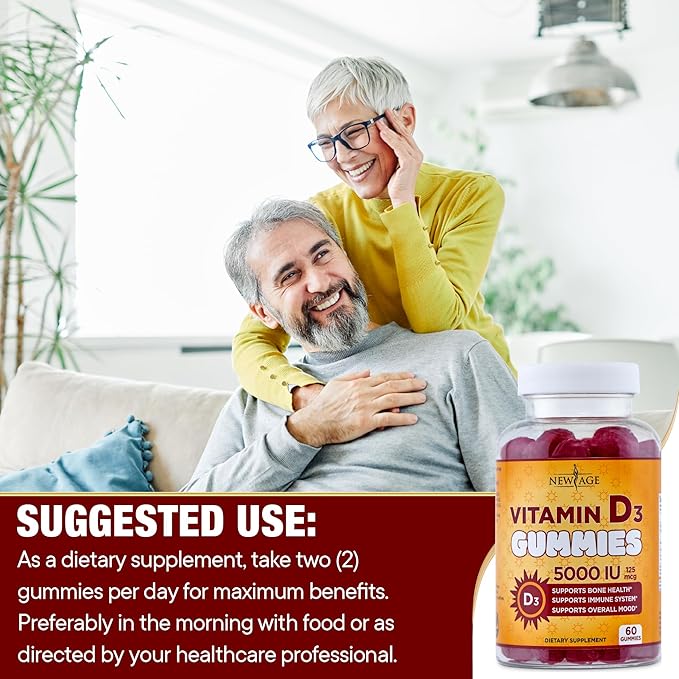 NEW AGE Vitamin D3 5000 IU 125mcg Gummies - Immune Supplement - Non-GMO, Gluten-Free, Dairy-Free, No Gelatin (60 Gummies (Pack of 1))