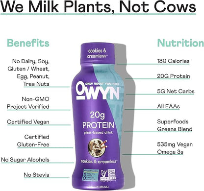 OWYN Only What You Need Plant Based Protein Shake, 20g Vegan Protein from Organic Pumpkin Seed, Flax, Pea Blend, Prebiotic Supplement, Superfood Greens, Gluten & Soy-Free (Cookies & Creamless)
