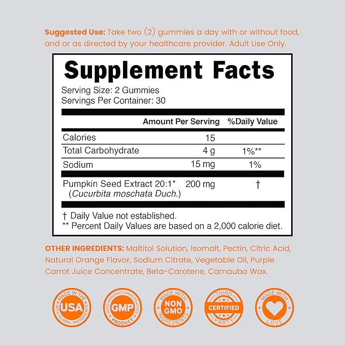 Pumpkin Seed Oil Gummies 4000mg Sugar Free Gummy Supplement with Pumpkin Seed Extract for Adults - Delicious Orange Flavor , Non GMO - Gluten Free , Vegan Supplement & USA Made (60 Capsules)