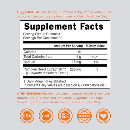 Pumpkin Seed Oil Gummies 4000mg Sugar Free Gummy Supplement with Pumpkin Seed Extract for Adults - Delicious Orange Flavor , Non GMO - Gluten Free , Vegan Supplement & USA Made (60 Capsules)