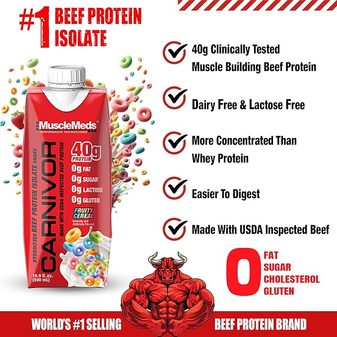 MuscleMeds Carnivor RTD, Ready to Drink Protein, Lactose Free, Sugar Free, 40g Isolate Protein, Muscle Building, Recovery, Halal Certified, Fruity Cereal, 16.9 Fl Oz (Pack of 12)
