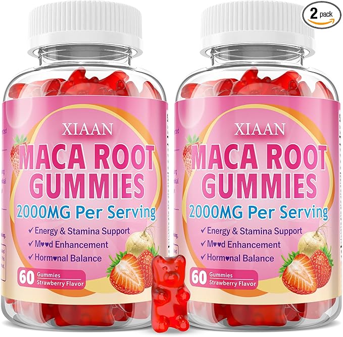 Maca Root Gummies for Women & Men, Organic Maca Root Supplement with Ashwagandha for Energy & Strength Support, Sugar-Free/Vegan/Non-GMO, Strawberry Flavor 120 Count