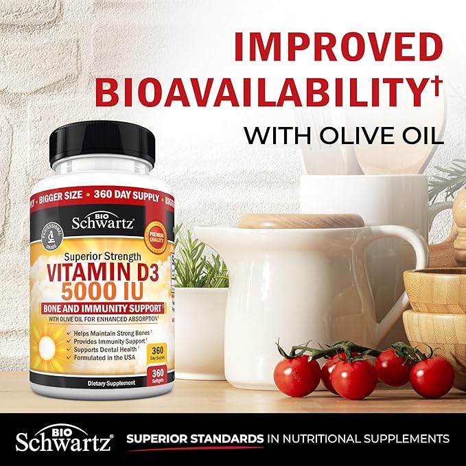 Vitamin D3 5000 IU (125 mcg) Natural Immune Support Supplement, Bone Strength, Healthy Muscle Function, with Olive Oil for Highest Absorption, Gluten Free & Non-GMO, 1 Year Supply, 360 Softgels