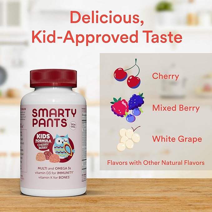 SmartyPants Kids Multivitamin Gummies: Omega 3 Fish Oil (EPA/DHA), Beta Carotene, Vitamin B12, B6, A, K & Zinc for Immune Support, Biotin, Grape, Cherry & Berry Flavors, 120 Count (30 Day Supply)