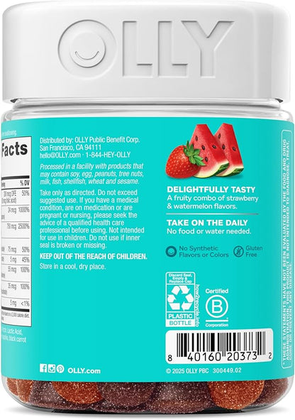 OLLY Teen Girl Multi Gummy, Healthy Skin and Immune Support*, Essential Vitamins, Biotin, Zinc, Chewable Multivitamin, Strawberry Melon Flavored, 50 Day Supply - 100 Count