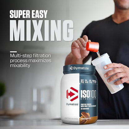 Dymatize ISO100 Whey Protein Powder Isolate, Chocolate Peanut Butter, 25g of Protein, 20 Servings, 5.5g BCAAs, Less Than 120 Cal., Gluten Free, 1g Fat, 1g Sugar, 2g Carb