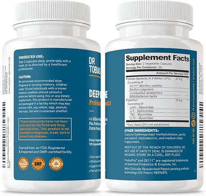 Dr. Tobias Deep Immune Probiotics & Prebiotics - Dual Action Digestion & Immune Support with PreforPro Prebiotics & Spore Forming Probiotics for Women & Men - 120 Capsules (60 Servings)