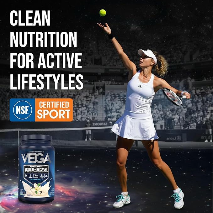 Vega Sport Vegan Protein Powder + Recovery - 30g Plant Based Protein per Serving, Vanilla, 20 Servings, 5g BCAAs, Probiotics, NSF Certified, for Shakes & Smoothies, 1.8lbs (Packaging May Vary)