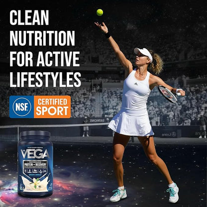 Vega Sport Vegan Protein Powder + Recovery - 30g Plant Based Protein per Serving, Vanilla, 20 Servings, 5g BCAAs, Probiotics, NSF Certified, for Shakes & Smoothies, 1.8lbs (Packaging May Vary)