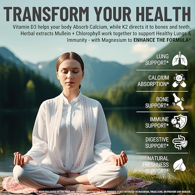 Mullein Gummies for Lung Support with Chlorophyll Magnesium, Vitamin D3 5000 IU & Vitamin K2 100 MCG - Mullein with Chlorophyll Gummies for Lung, Bone, & Immune Support – Vegan, Non-GMO, Gluten-Free