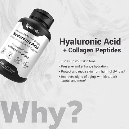 Naturalis Hyaluronic Acid 200mg, 10x Better Absorption Ultra Low Molecular Weight with Collagen, Biotin, Selenium & Vitamin E | Hair, Skin, Nails & Joint Supplements | 120 Softgels