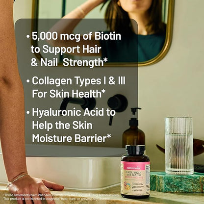 NatureWise Hair Skin and Nails Vitamin, Biotin 5000mcg w/Hyaluronic Acid, Collagen for Women with C, B Complex, D3, A, E, Iron - Non-GMO, Gluten Free - 270 Softgels[3-Month Supply]