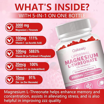 3 Pack Liposomal Magnesium Threonate High-Potency 3000mg Gummies,Liposomal Enhance 98% Absorption,Magnesium L-Threonate Supplements, Muscle & Nervous System for Kids & Adults