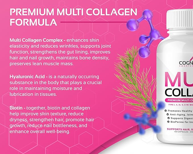 CogniTune Multi Collagen Peptides for Women with Biotin, Hyaluronic Acid, Vitamin C - 5 Types I II III V X Colageno Hidrolizado - 2000mg Hair Skin Nails Joints Support - 120 Capsules
