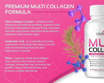 CogniTune Multi Collagen Peptides for Women with Biotin, Hyaluronic Acid, Vitamin C - 5 Types I II III V X Colageno Hidrolizado - 2000mg Hair Skin Nails Joints Support - 120 Capsules