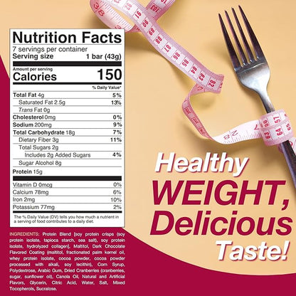 ProtiDIET Dark Chocolate and Raspberry High Protein Bars - Gluten-free, Low Fat and Fiber Enriched Snacks, Protein Bars with Collagen to Aid Overall Health - 7 Square Bars Per Box