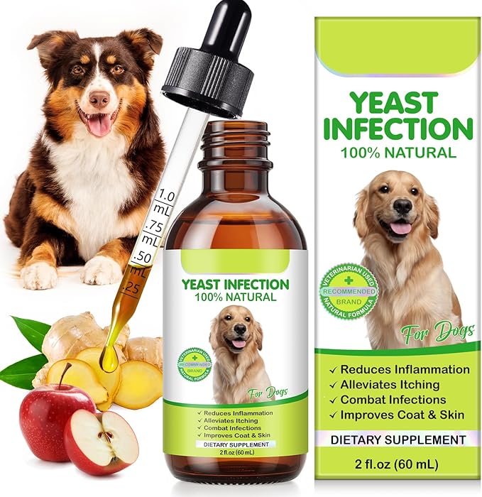 Yeast Infection Treatment for Dogs, 60ml Dog Ear Infection Treatment,Itchy Ear,Skin&Allergy Symptoms Relief-Reduces Inflammation&Relieves Irritation,Dog Supplement Drops with Multivitamins Probiotics