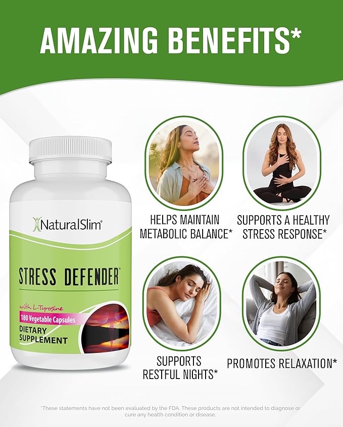 NaturalSlim Stress Relief Supplement - Stress Defender, High Cortisol Reducer, Control Cravings, Sleep & Metabolism Support with Vitamin B5 Pantothenic Acid & L Tyrosine - 180 Vegetable Capsules