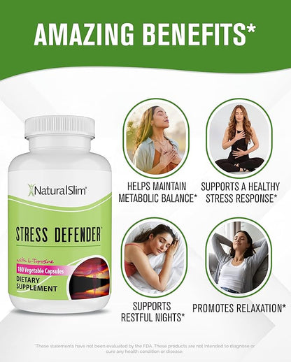 NaturalSlim Stress Relief Supplement - Stress Defender, High Cortisol Reducer, Control Cravings, Sleep & Metabolism Support with Vitamin B5 Pantothenic Acid & L Tyrosine 180 Vegetable Capsules 3 Pack