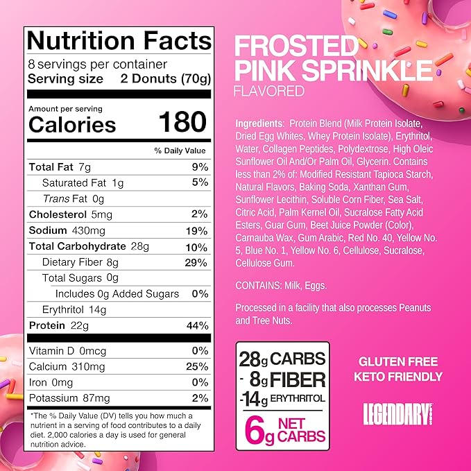 Legendary Foods Protein Donuts - 22g Protein, Pink Sprinkle, Zero Sugar Snack, Gluten Conscious, Low Carb, Keto Suitable, Diabetic and GLP-1 Diets - 8 Pack with Two Donuts per pack