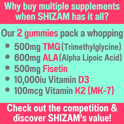SHIZAM TMG Betaine Alpha Lipoic Acid ALA D3 Fisetin Gummies, Tri-Methylglycine trimethylglycine R-Alpha NAD+ Plus + HCL Supplements, Mitochondrial Senolytic Activator, NR Capsules Powder 600mg 1000mg