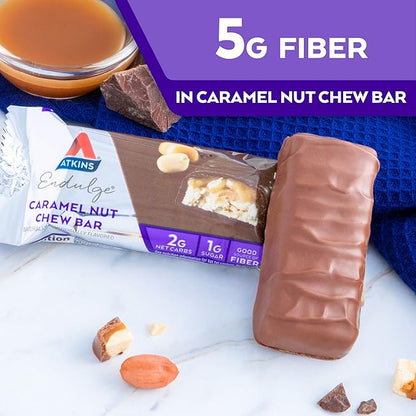 Atkins Endulge Caramel Nut Chew Bar, Low Sugar Snack, Dessert Bar, High Fiber Bar 1g Sugar, 10 Count