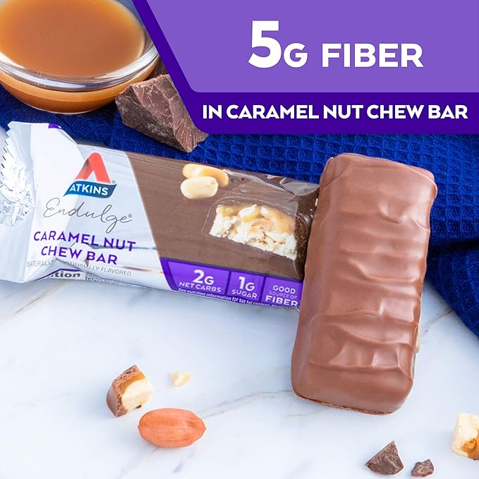 Atkins Endulge Caramel Nut Chew Bar, Dessert Favorite, 1g Sugar, Good Source of Fiber, 5 Count