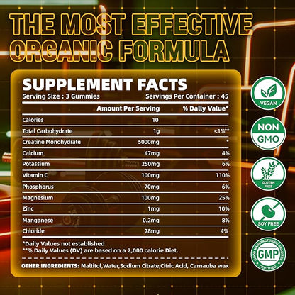 zipvit Creatine Monohydrate Gummies (5g) – Pre-Workout Energy & Muscle Growth Support for Men & Women | Orange Electrolyte Gummies (135 Count)