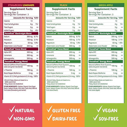FocusFuel Energy Chews – Trial Size Variety Sample Pack (9 Servings) – 100mg Caffeine + Alpha GPC + L-Theanine + B12, Magnesium – Peach, Green Apple, Strawberry Lemonade Flavors – No Crash or Jitters