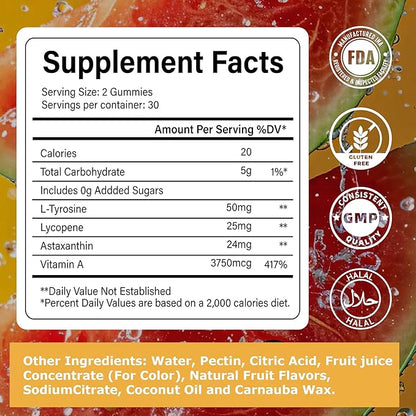 Tanning Gummies for Women, 2 Pack, Daily Skin Support Supplement, Sugar Free | Astaxanthin, L-tyrosine, Lycopene, Vitamin A | Radiant Skin & Antioxidant Support | Vegan, Non-GMO, 60 Servings
