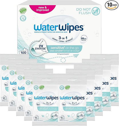 WaterWipes Sensitive+ On The Go Wipes, 3-In-1 Cleans, Cares, Protects, 99.9% Water, Unscented & Hypoallergenic Wet Wipes, 100 Count (10 Packs)