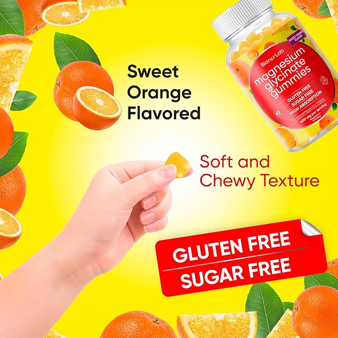 Magnesium Glycinate Chewable Gummies (600mg) for Kids & Adults Women Men - Vegan Complex with Calcium Potassium Vitamin D B6 L-Theanine Advanced Magnesium Complex - Sugar & Gluten Free - Orange Flavor