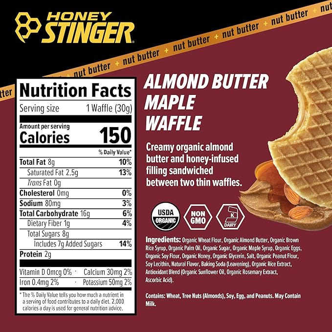 Honey Stinger Organic Almond Butter Maple Waffle, Energy Stroopwafel for Exercise, Endurance and Performance, Sports Nutrition for Home & Gym, Pre and Post Workout, 16.96 Ounce (Pack of 16)
