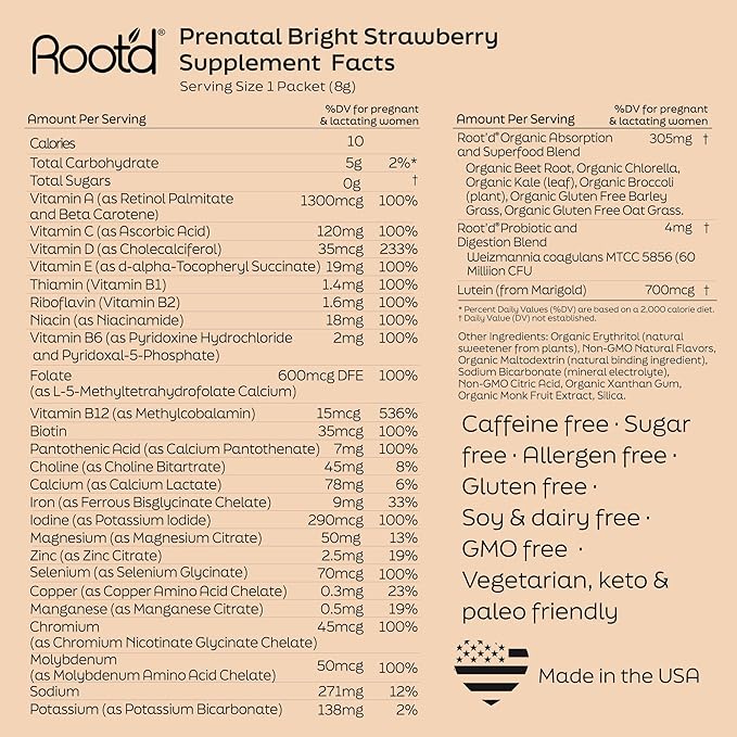 Root'd Prenatal Multivitamin Powder - 25 Vitamins & Minerals with 3x Electrolytes, Folate, Iron, D3 for Mom & Baby, 7 Superfood & Probiotics, Sugar-Free Vitamins & Hydration | 30 Vitamin Drink Packets