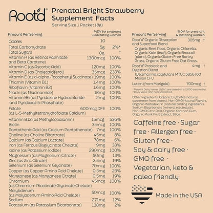 Root'd Prenatal Multivitamin Powder - 25 Vitamins & Minerals with 3x Electrolytes, Folate, Iron, D3 for Mom & Baby, 7 Superfood & Probiotics, Sugar-Free Vitamins & Hydration | 30 Vitamin Drink Packets