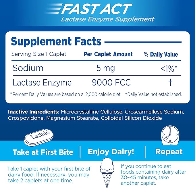 Lactaid Fast Act Lactose Intolerance Relief Caplets with Lactase Enzyme to Prevent Gas, Bloating & Diarrhea Due to Lactose Sensitivity, Ideal for Travel & On-the-Go, 32 Packs of 1-Count