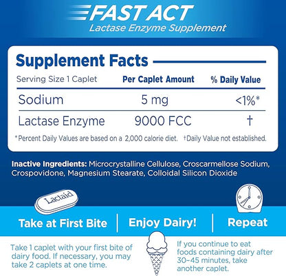 Lactaid Fast Act Lactose Intolerance Relief Caplets with Lactase Enzyme to Prevent Gas, Bloating & Diarrhea Due to Lactose Sensitivity, Ideal for Travel & On-The-Go, 12 Packs of 1-Count