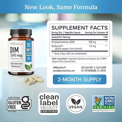 DIM Supplement 200 mg | Estrogen Balance for Women & Men | Hormonal Acne, Hormone Balance, Menopause & Antioxidant Support | Clean Label Project Certified, Vegan & Soy Free Diindolylmethane | 60 Ct.