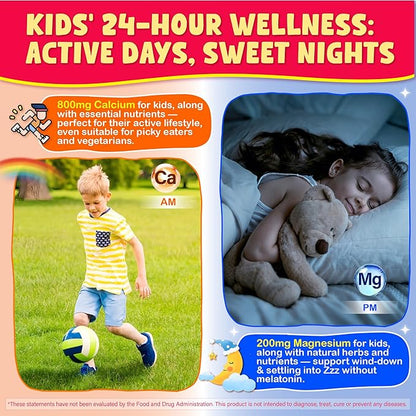 Kids Calcium Magnesium Supplement Gummies - Calcium Citrate 800mg with Magnesium Glycinate 200mg, L-Theanine, Vitamin D3 K2 & Omega-3 Multivitamin for Kids Day & Night Gummies - Vegan, Sugar Free